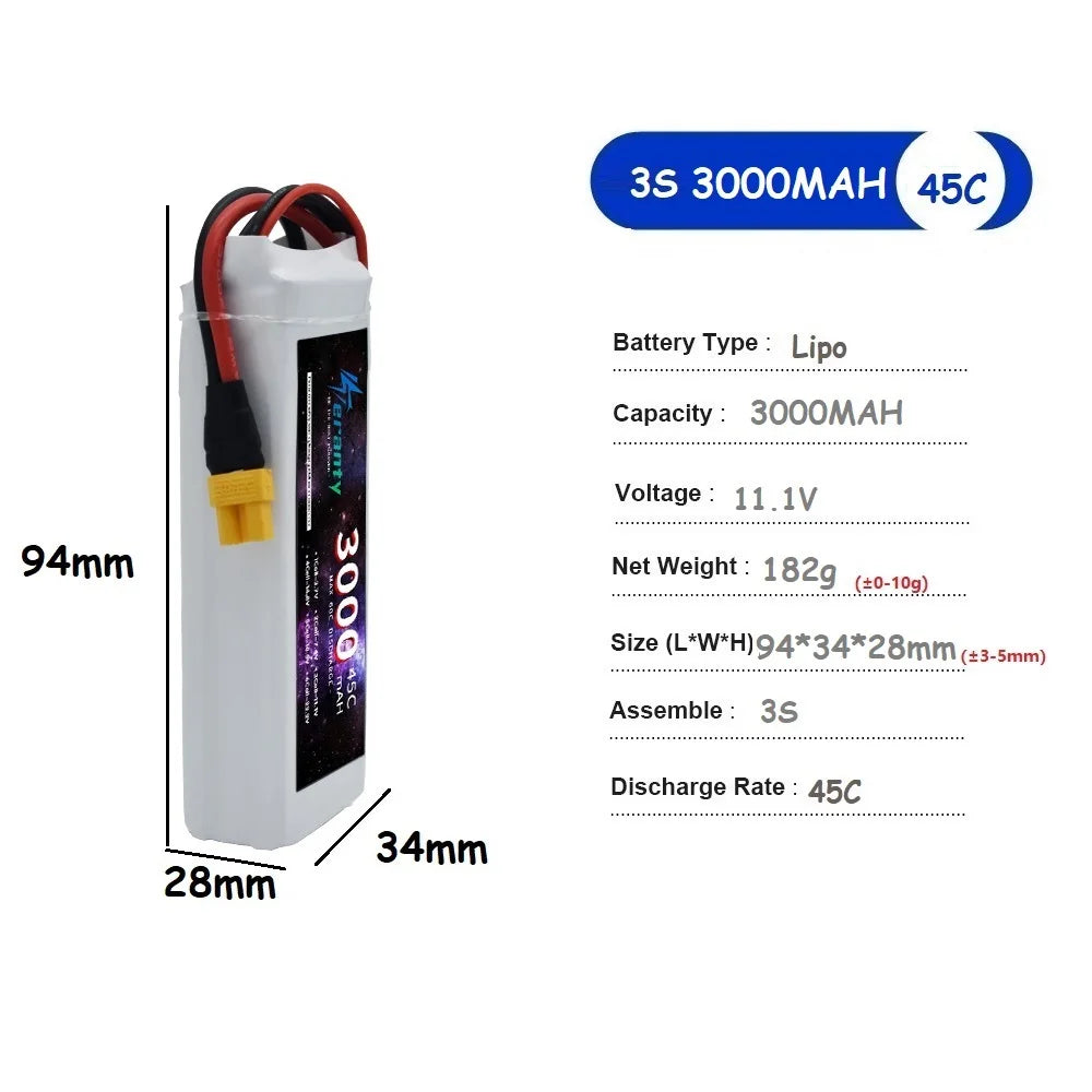 11.1V LiPo Battery 3S 1500mah 1800mAh 2200mah 2600mAh 3000mAh 3300mAh Deans T Connector XT60 For RC Car FPV Racing Drone